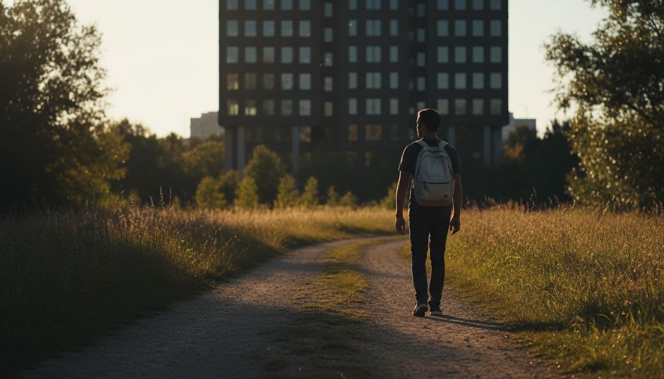 One determined person in side profile walks forward on a sunny path away from a dark office building, carrying a light backpack, in realistic photography style with warm natural daylight tones.