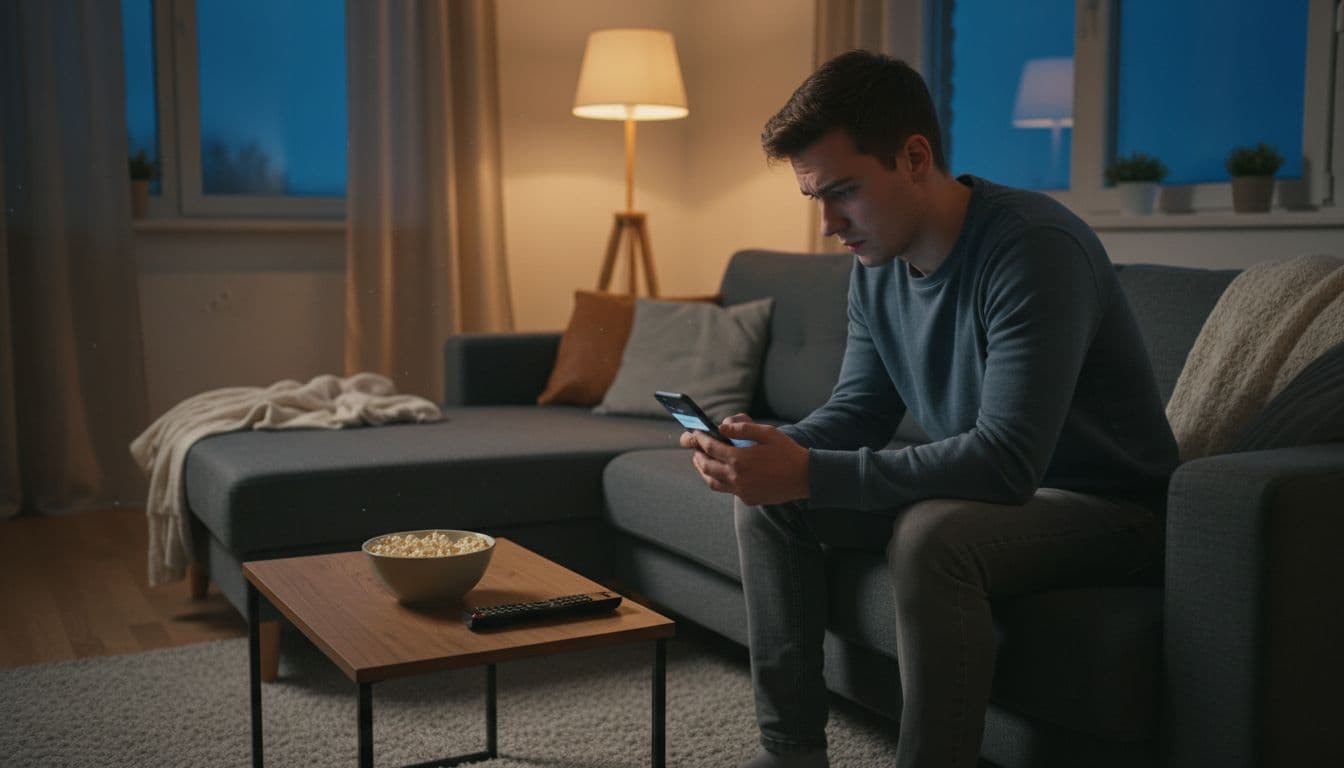 A young adult sits alone on a couch in a cozy living room, gazing sadly at a smartphone screen showing a blurred notification of canceled plans, under soft evening light.