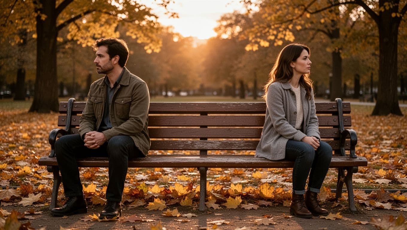 Man and woman sit on opposite ends of park bench at sunset, facing away with distant expressions amid autumn leaves.
