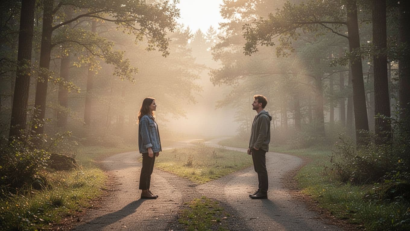 Two solitary figures stand at a fork in a serene misty forest path under soft golden morning light, glancing back at each other with peaceful expressions before taking separate paths.