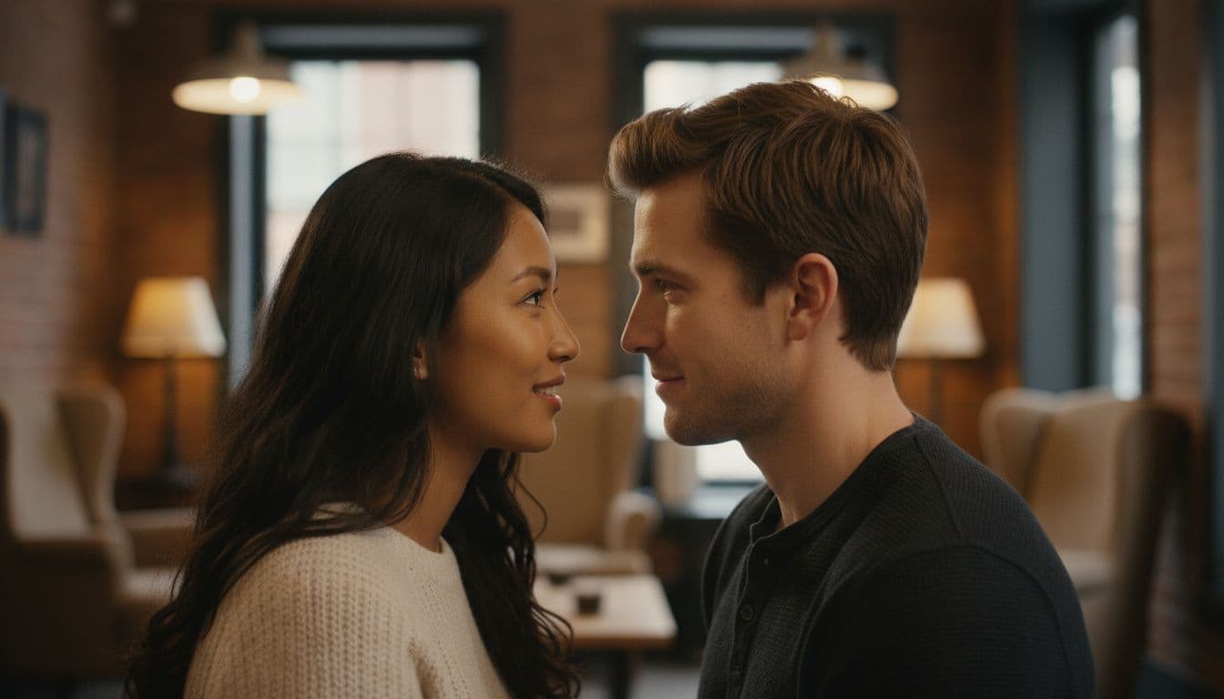 Two diverse adults face closely in cozy cafe, eyes locked in recognition.