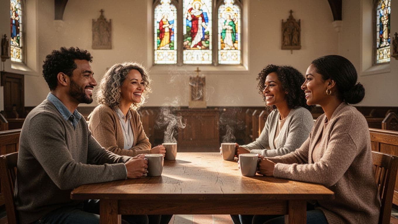 Small group of four diverse adults (two men, two women, various ethnicities) sitting around a table in a warmly lit church room, engaged in conversation with smiles and coffee mugs, natural welcoming vibe, realistic photo.