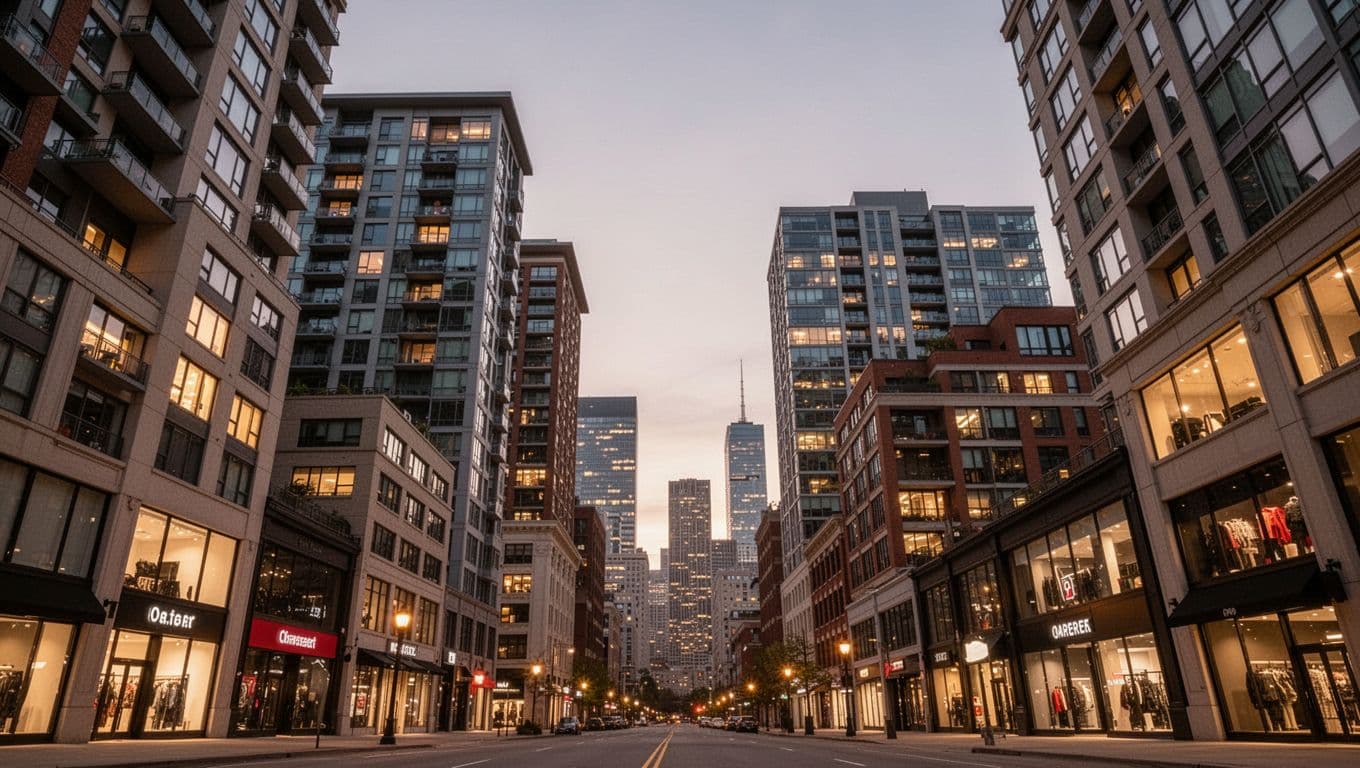 Stack of apartments, offices, and retail stores against city skyline at dusk with warm window lights.