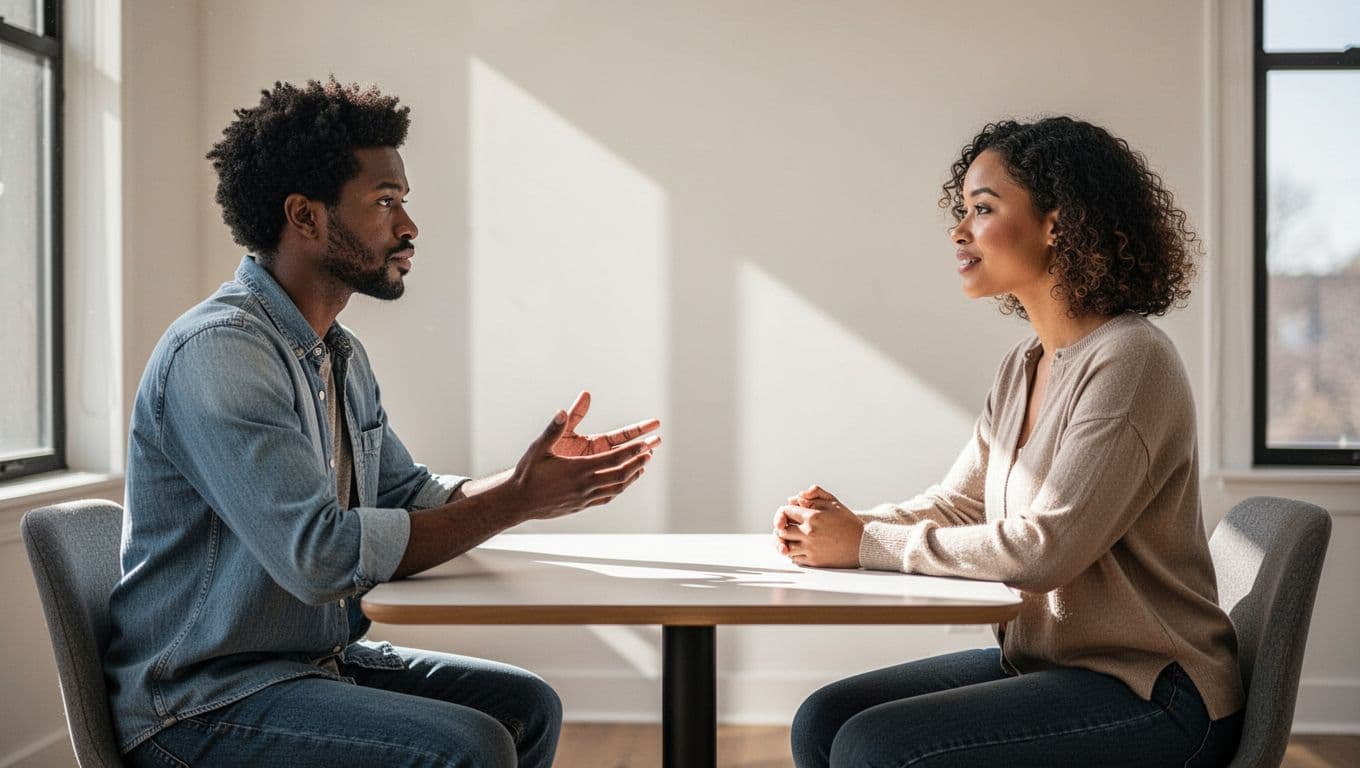 Diverse couple sits across small table in sunlit room, conversing calmly with open body language and gentle gesture.