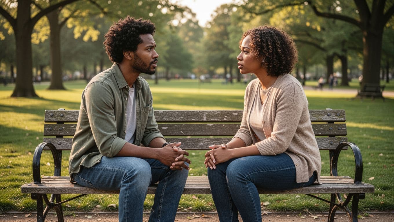 Diverse couple in comfortable clothes sits face-to-face on park bench, hands on knees, in soft afternoon sunlight.