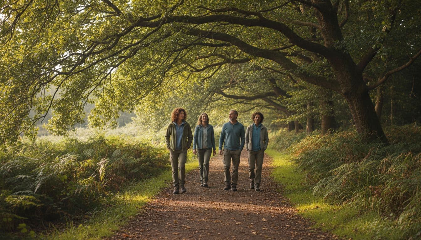 Diverse group of people walking on a nature trail under trees with relaxed expressions, hands in pockets or swinging naturally, soft sunlight filtering through leaves, realistic style, safe distance emphasizing feeling safe and connected.