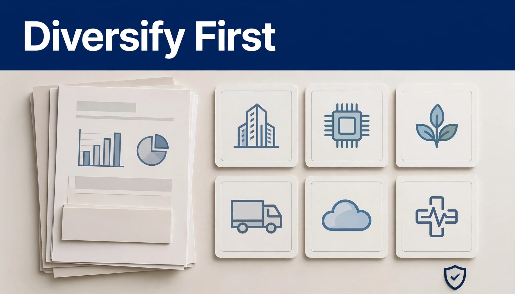 Fund documents, company tiles, and a shield symbol illustrate a diversified investment portfolio.