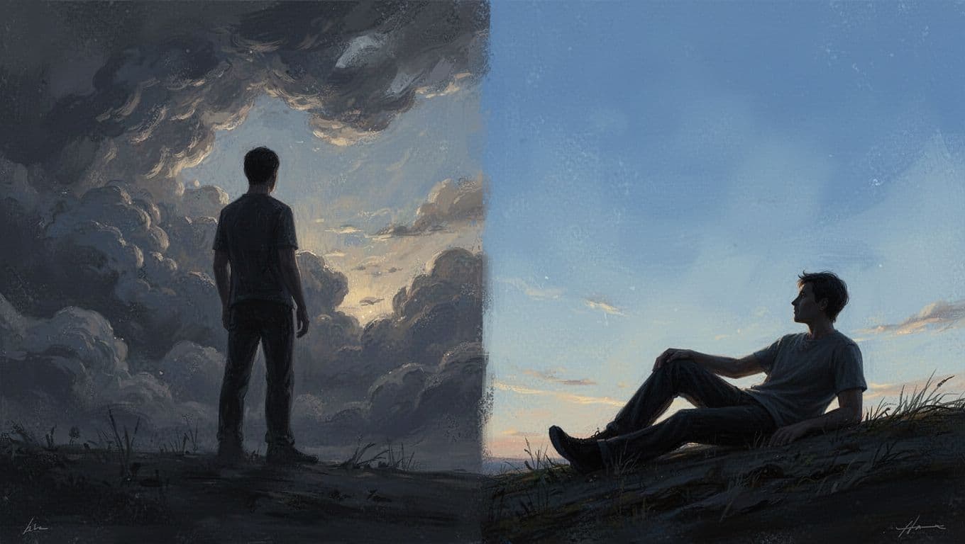 Split scene contrasting left-side chaotic dark clouds with tense silhouette against right-side calm clear sky with relaxed firm-standing silhouette, symbolizing real emotional shift from fantasy chaos to true healing peace in realistic digital art.