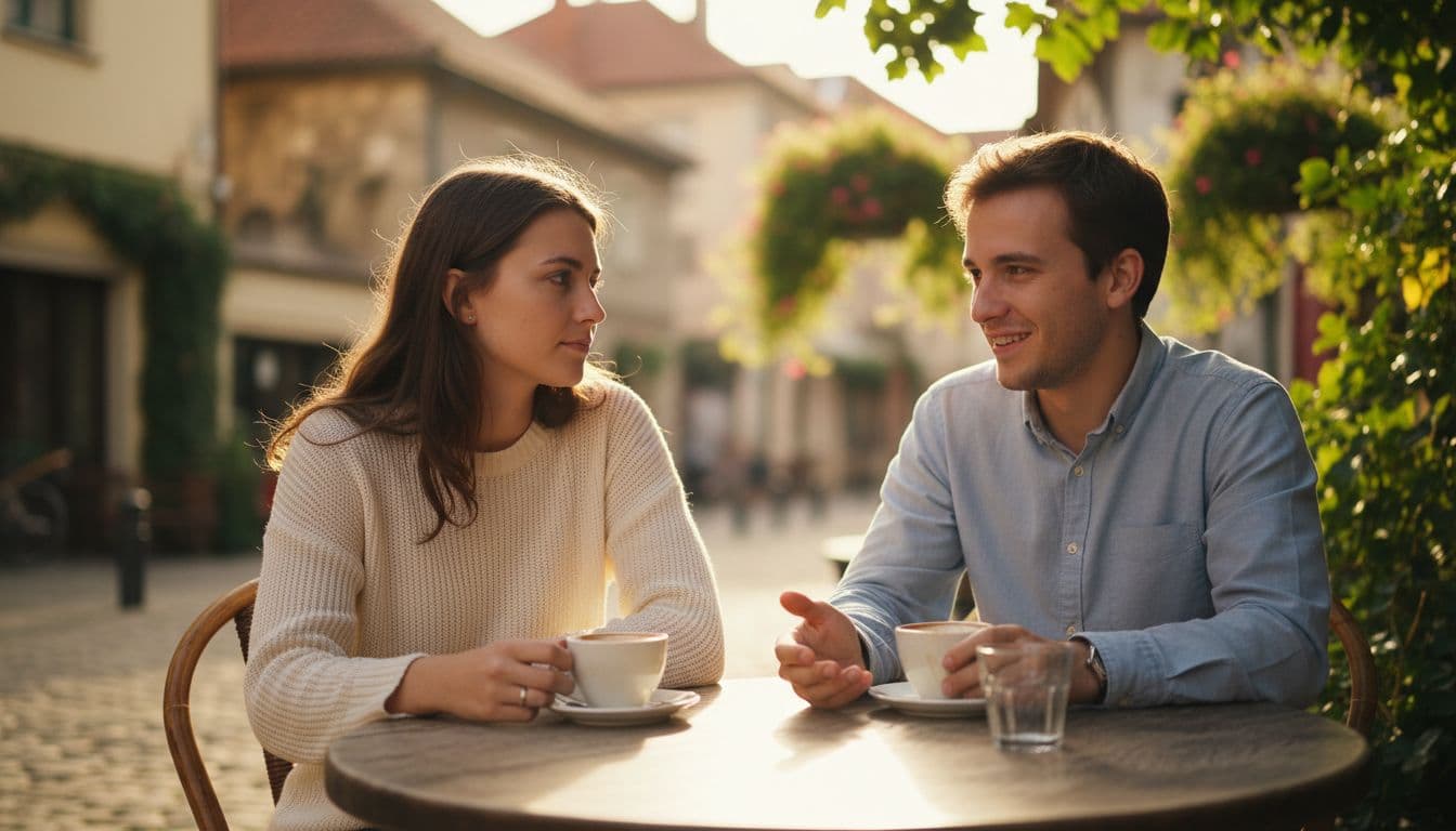 Two young adults, one man and one woman, sit at a wooden cafe table outdoors under soft afternoon sunlight filtering through leaves, with subtle emotional distance—one looking away thoughtfully while the other smiles.