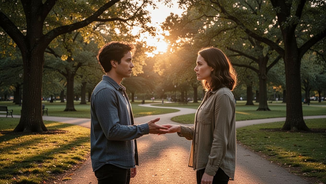 Two adults face closely in a park at sunset, one extending a hand amid golden light and trees.