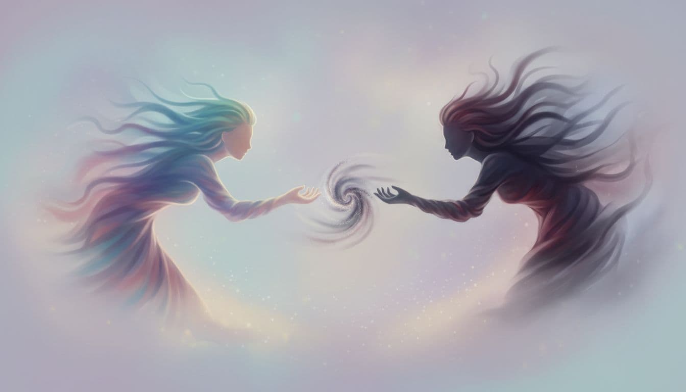 An empathetic figure with a soft glowing aura extends a hand toward a dark shadowy narcissistic figure, illustrating the magnetic pull between them in an ethereal misty background with minimalist style.