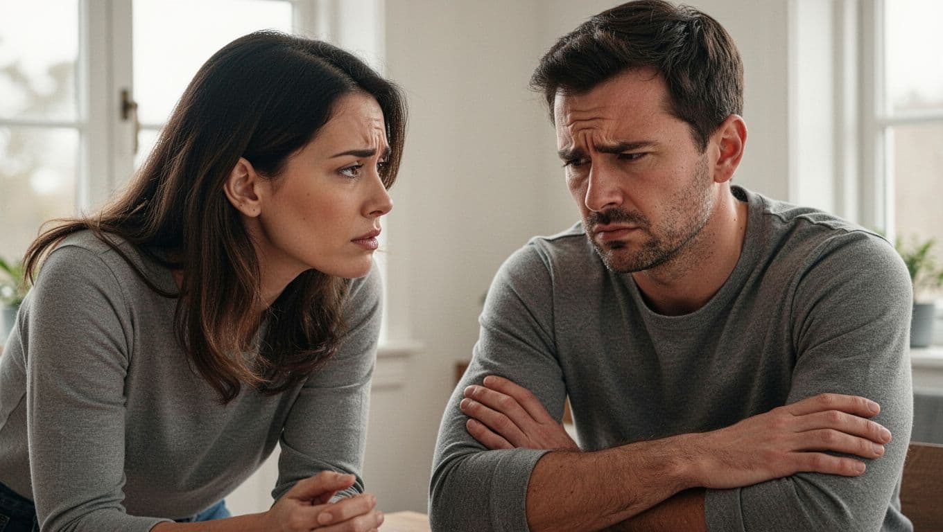 Woman leans in toward man with crossed arms, furrowed brow, and averted eyes in quiet conversation.