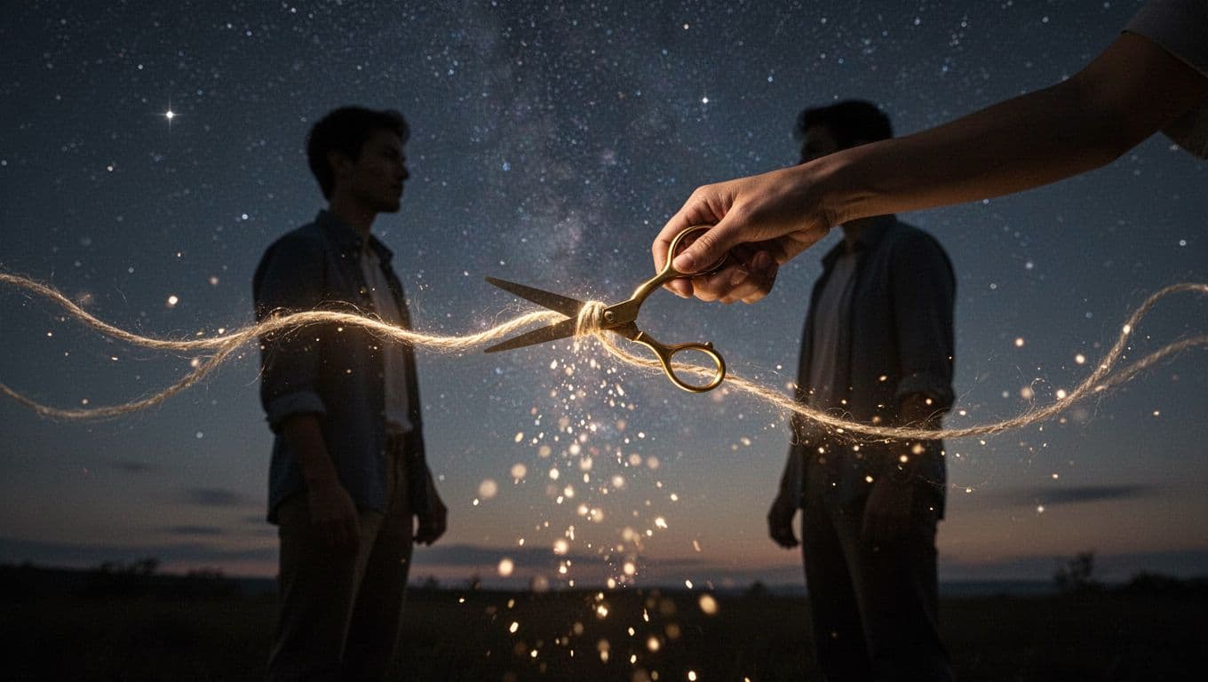 Glowing cord between two faint silhouetted figures cut by golden scissors in one hand, releasing light particles on starry cosmic background.