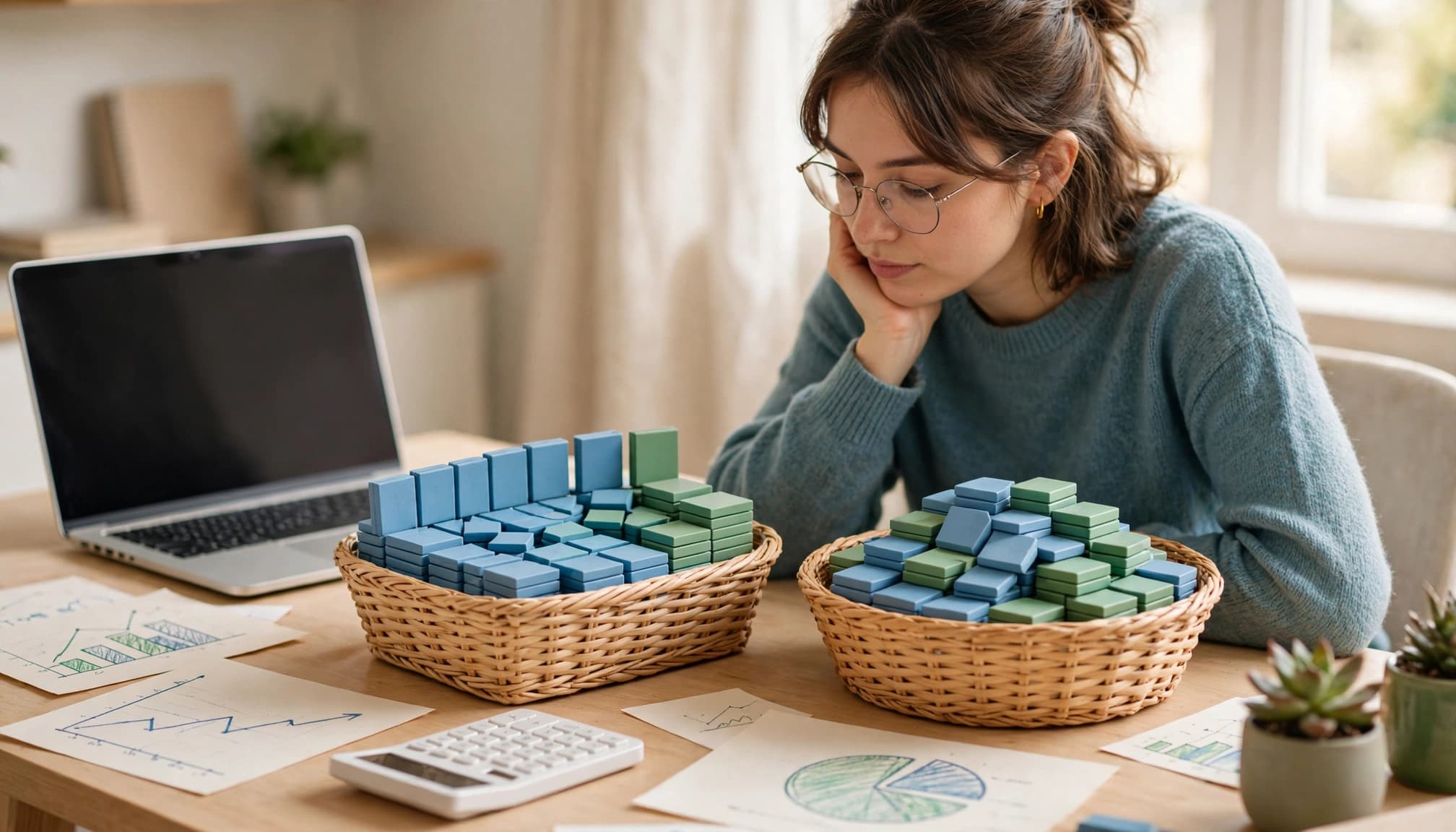 One investor compares two baskets of stock and bond tiles at a sunny desk.