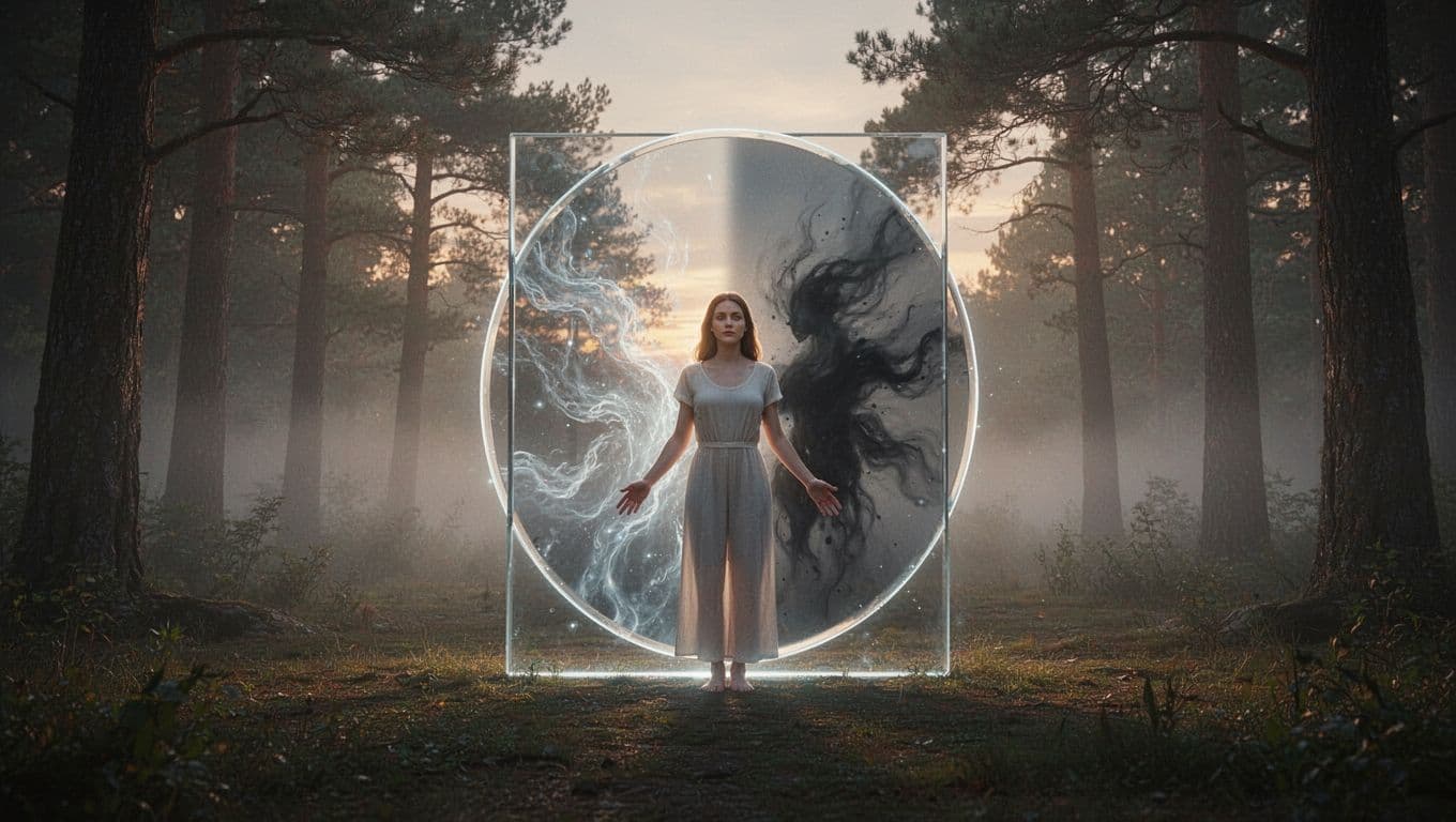 A soft glowing ethereal mirror in a serene forest clearing at dawn reflects a peaceful woman on one side and fading turbulent shadows on the other, symbolizing inner healing and mirroring.