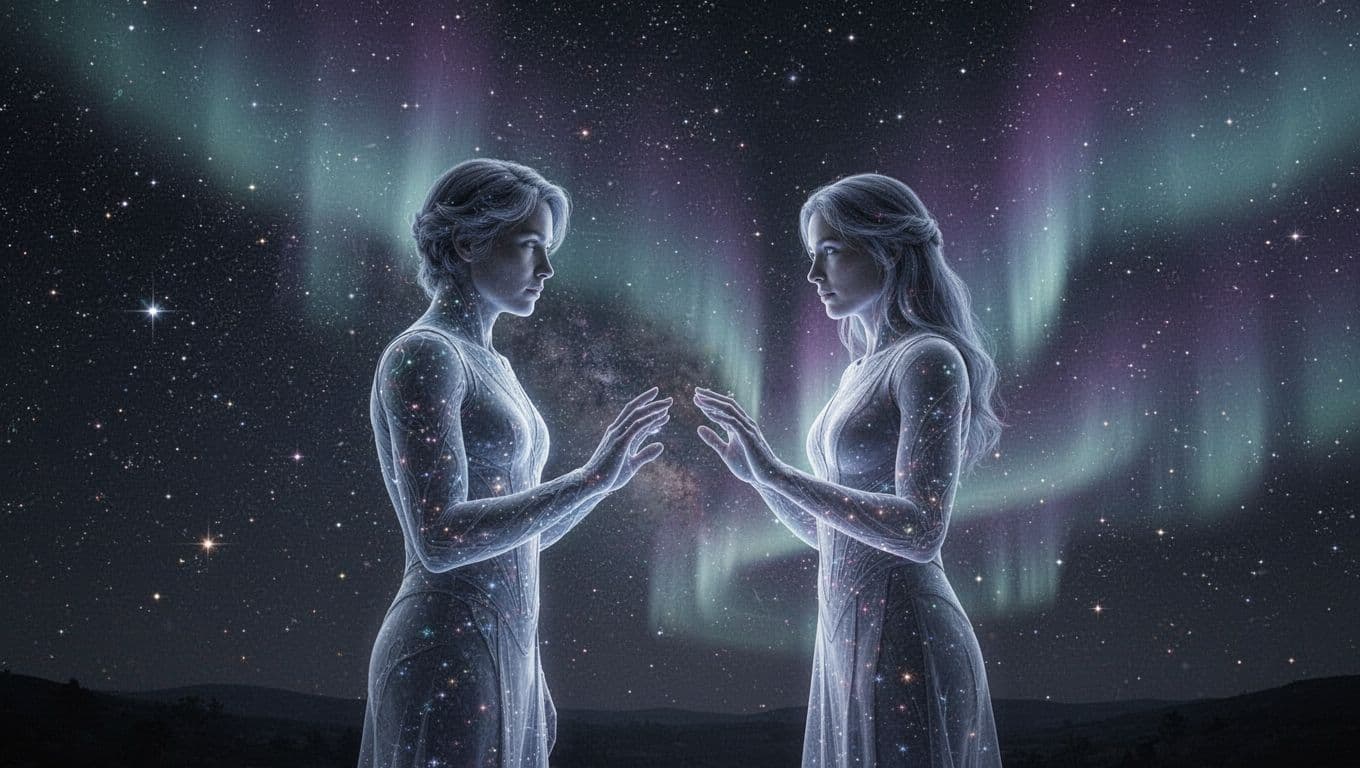 Two glowing ethereal souls face each other in a vast starry cosmos, hands almost touching in agreement symbolizing pre-birth planning and soul contracts, with dreamlike blue and purple glows on an infinite space background.