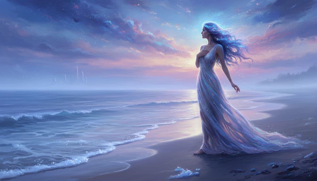 One ethereal woman with flowing hair stands alone by a calm misty ocean at twilight, gazing softly into the horizon with profound recognition in dreamy blue and lavender hues, surrounded by a spiritual glow.