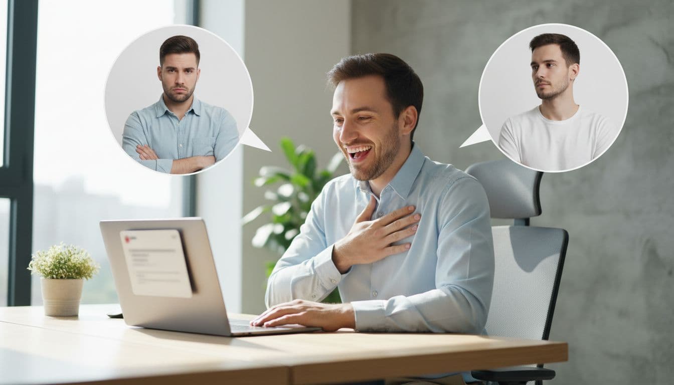 A person with an excited smile reads a promotion email on a laptop at a desk in a modern office bathed in natural daylight. In the background, chat bubbles and photos reveal friends looking dismissive or silent.