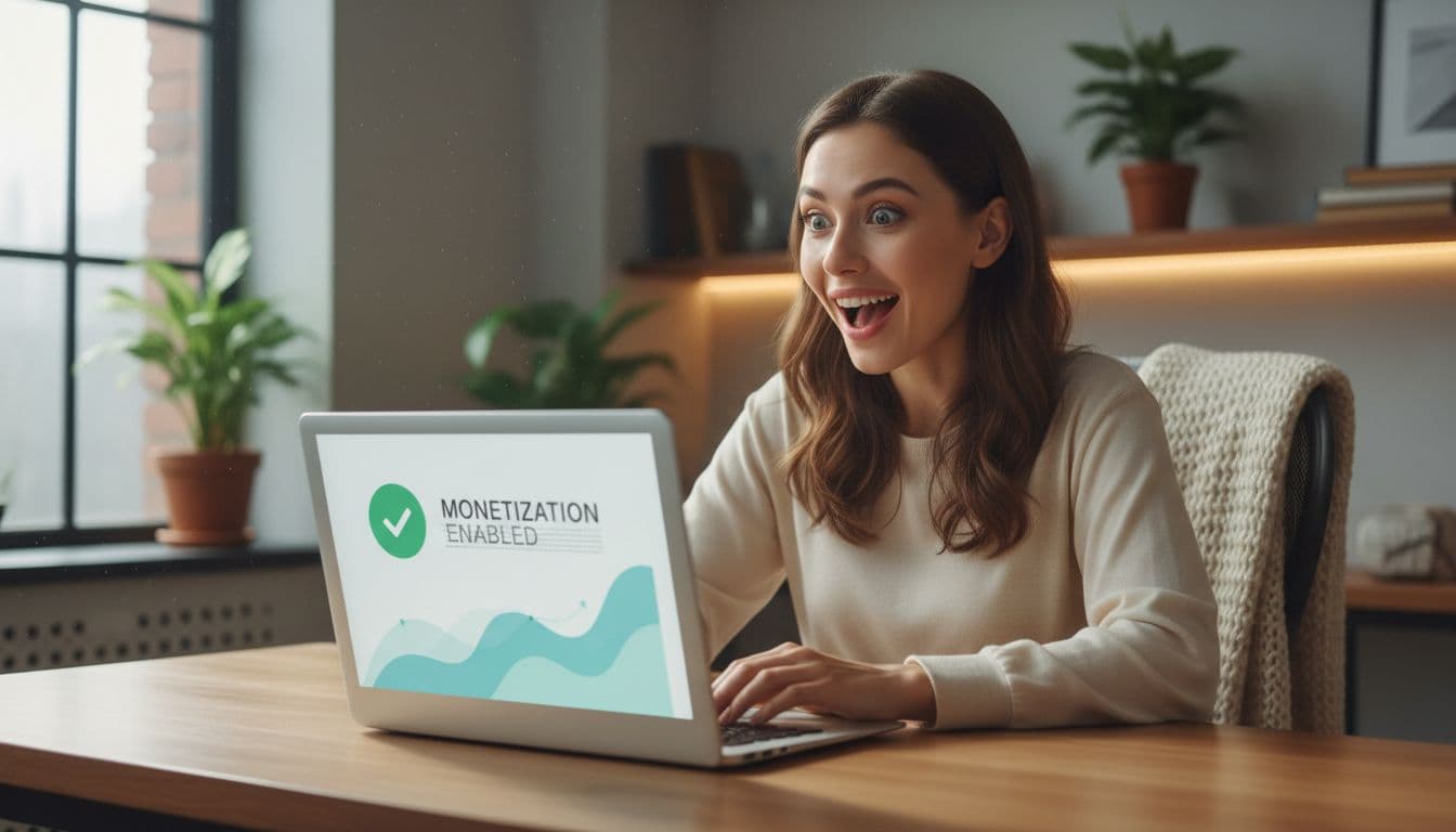 Excited person at modern desk views laptop showing YouTube dashboard with green monetization checkmark and subtle graphs.