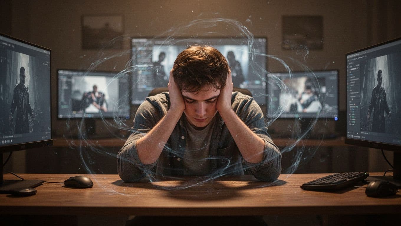A tired young man sits at a desk in a dimly lit room with low warm lighting, head in hands, surrounded by faint chaotic energy waves and blurred news screens in the background, depicting personal fatigue from collective stress and sensitivity.