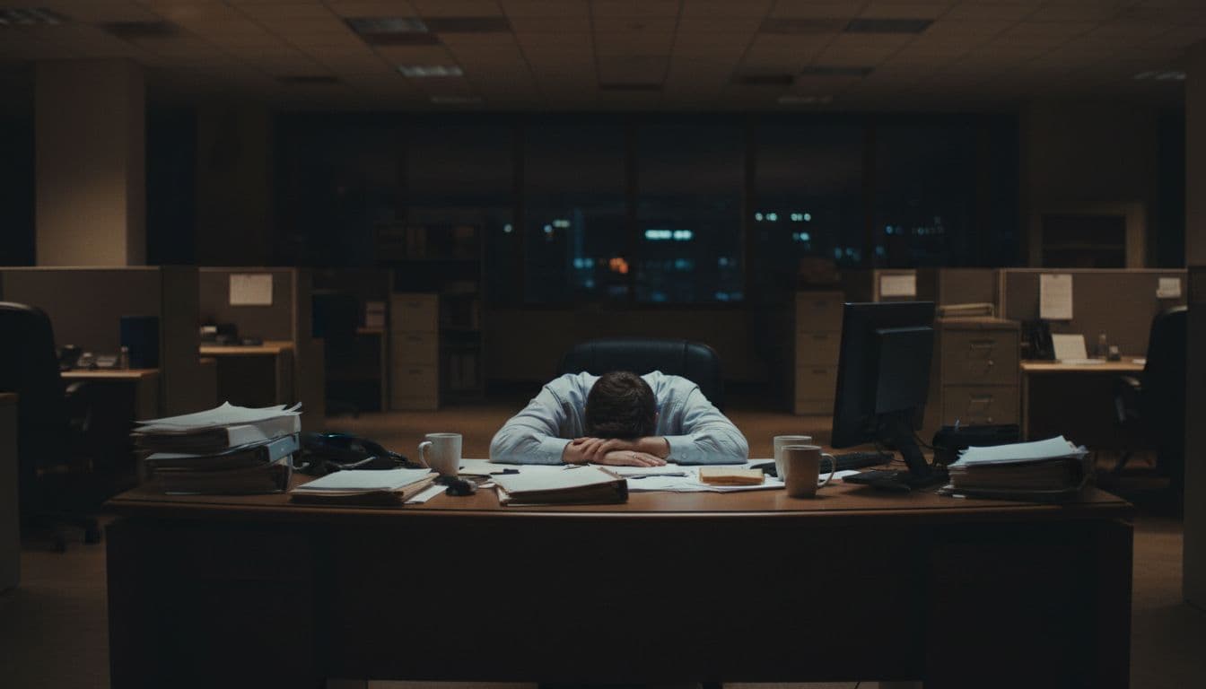 A single tired office worker slumped over a desk in a dimly lit empty office at night, with scattered papers, flickering computer screen, and empty coffee mugs, conveying exhaustion and isolation.