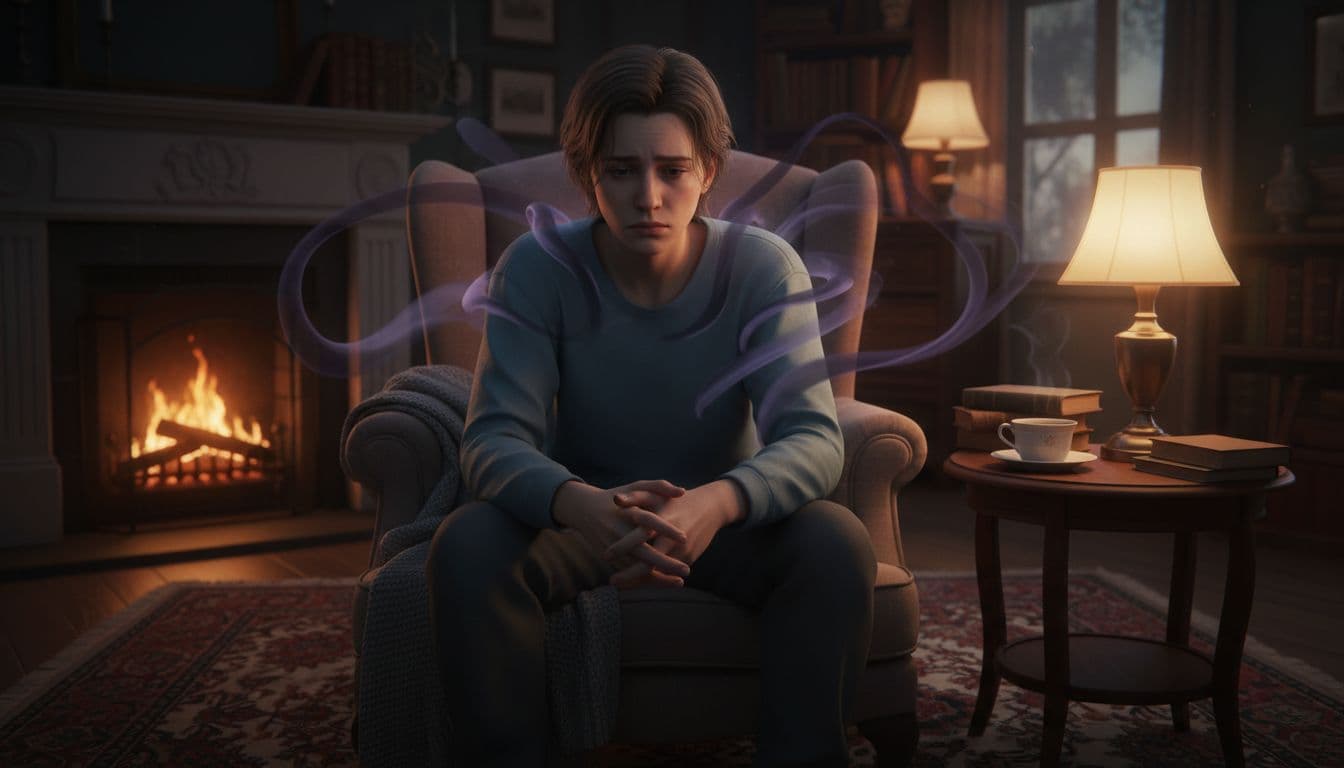 One person sits alone in a cozy dimly lit room, looking drained and exhausted with subtle dark energy tendrils faintly surrounding from off-frame, realistic style with soft shadows.