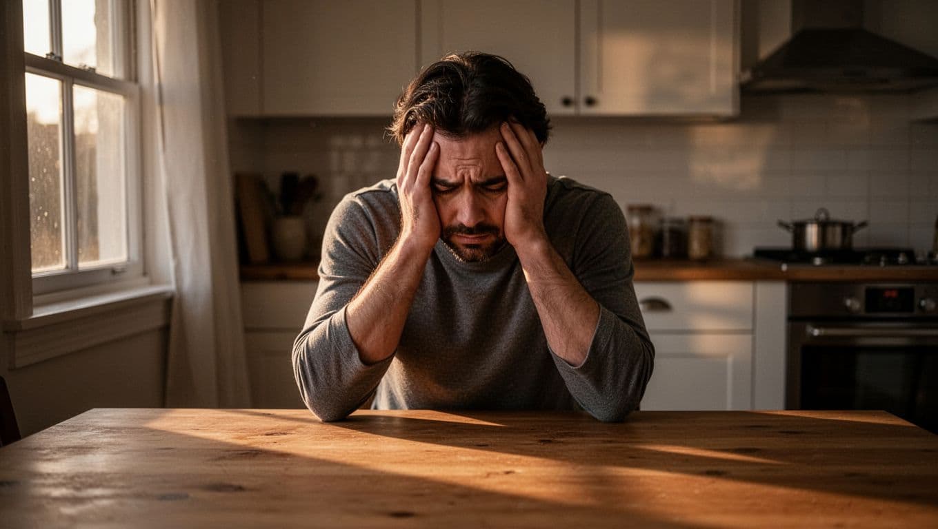 A lone person sits at a kitchen table with head in hands, appearing utterly exhausted after a tense conversation, illuminated by dim evening light through the window in a soft realistic style.