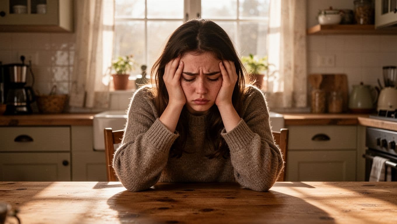 A young woman sits alone at a wooden kitchen table in a cozy home, head resting in her hands, her face showing exhaustion and inner heaviness from people-pleasing, with soft morning sunlight filtering through the window.
