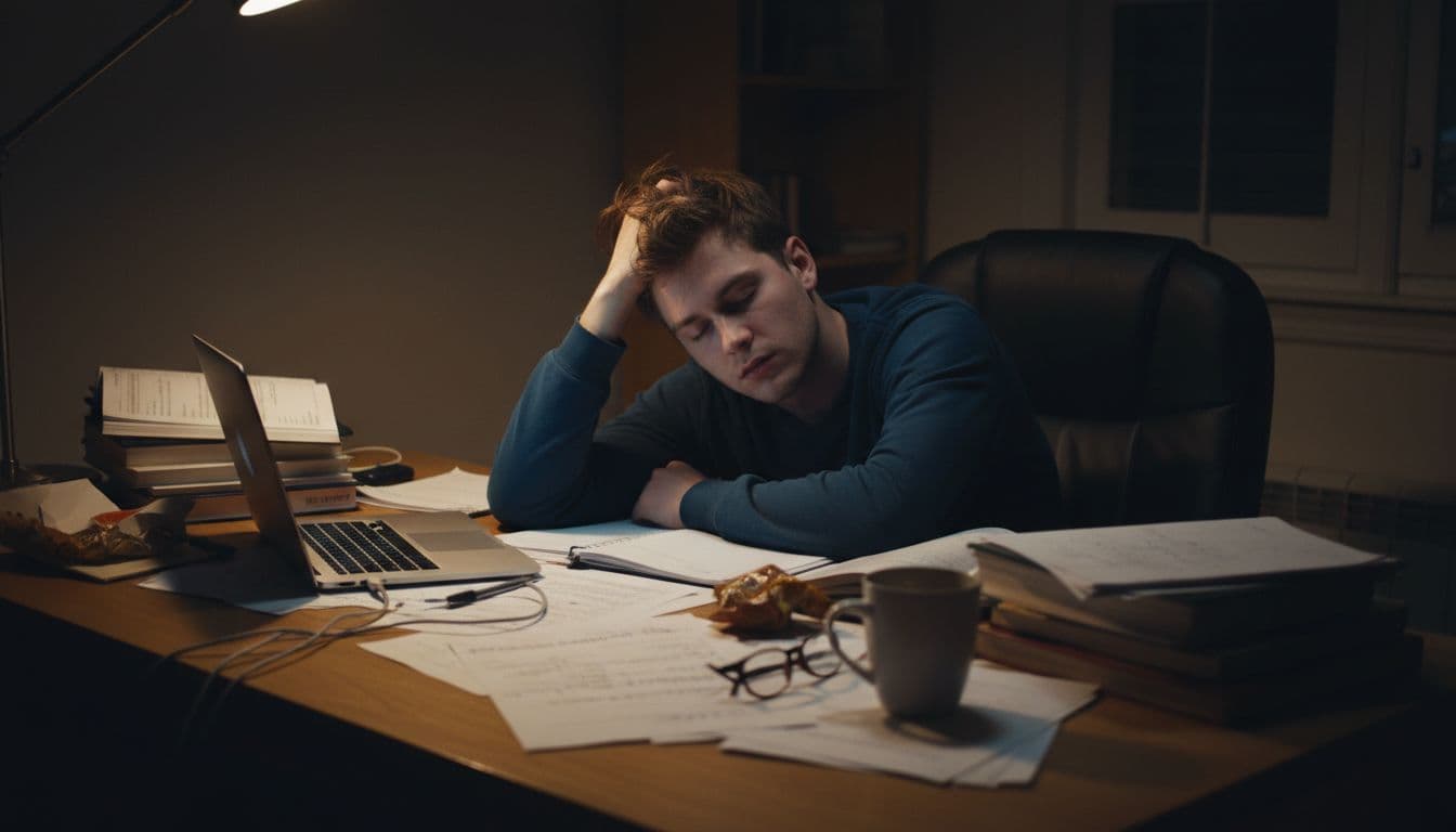 A single exhausted young adult slumped over a cluttered wooden desk in a dimly lit home office late at night, head resting on one hand with eyes closed, surrounded by scattered papers, coffee mug, and glowing laptop screen.
