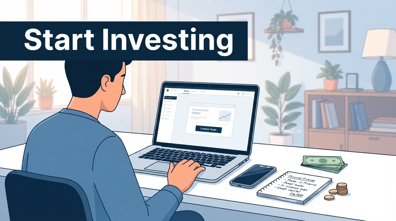 A person at a home desk prepares to make a small investment with a laptop, phone, notebook, and coins.