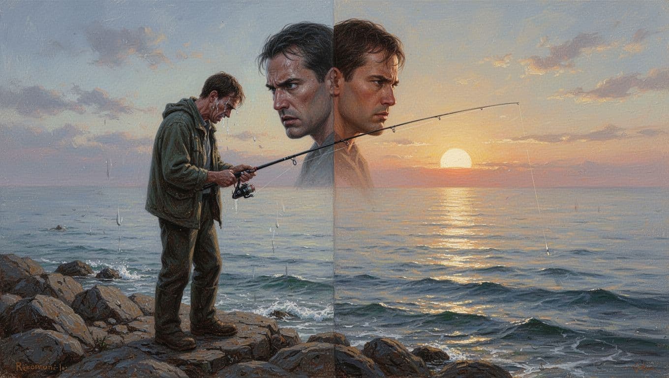 A lone fisherman stands by a calm sea at dawn in a split composition: fearful expression looking down on the left, determined face facing the rising sun on the right, symbolizing personal transformation. Realistic painting style with serene ocean, rocky shore, and soft morning light.