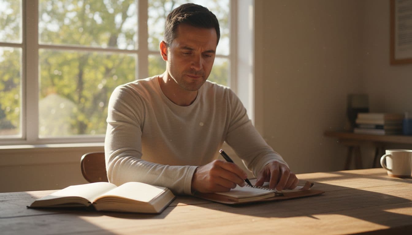 Man at wooden desk in bright room arranges planner and pen with steady hands, open notebook nearby.
