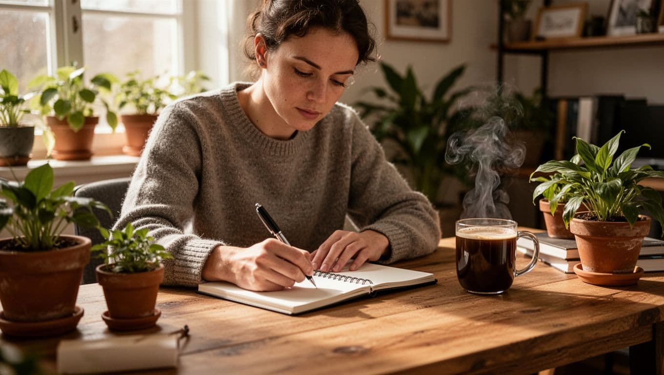 A focused person sits at a desk writing clear goals in a notebook in a warm home office with plants and a coffee mug nearby, lit by natural daylight in realistic photo style.