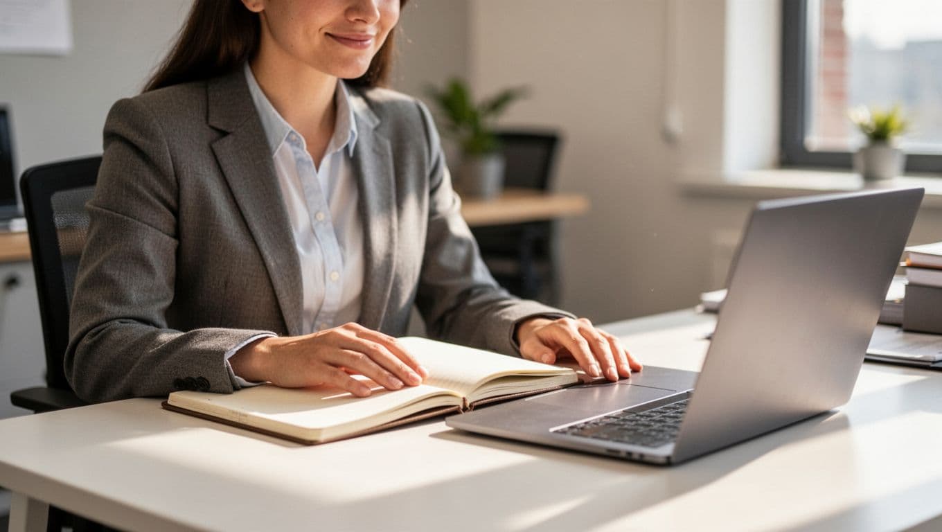 Person works focused at desk with open notebook and computer in bright office.
