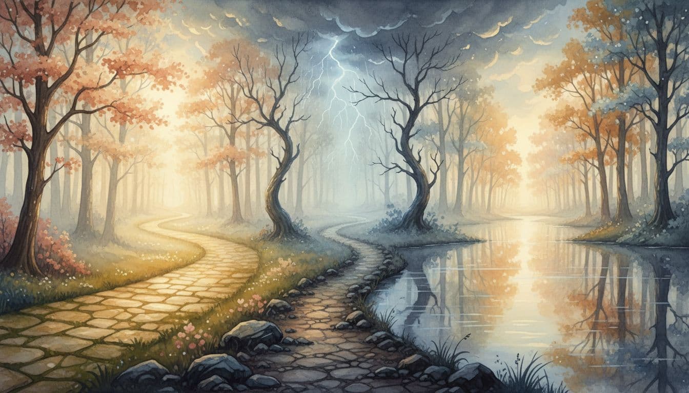 Foggy forest at dawn shows three paths: smooth sunny left, rocky stormy center, mirrored lake right.
