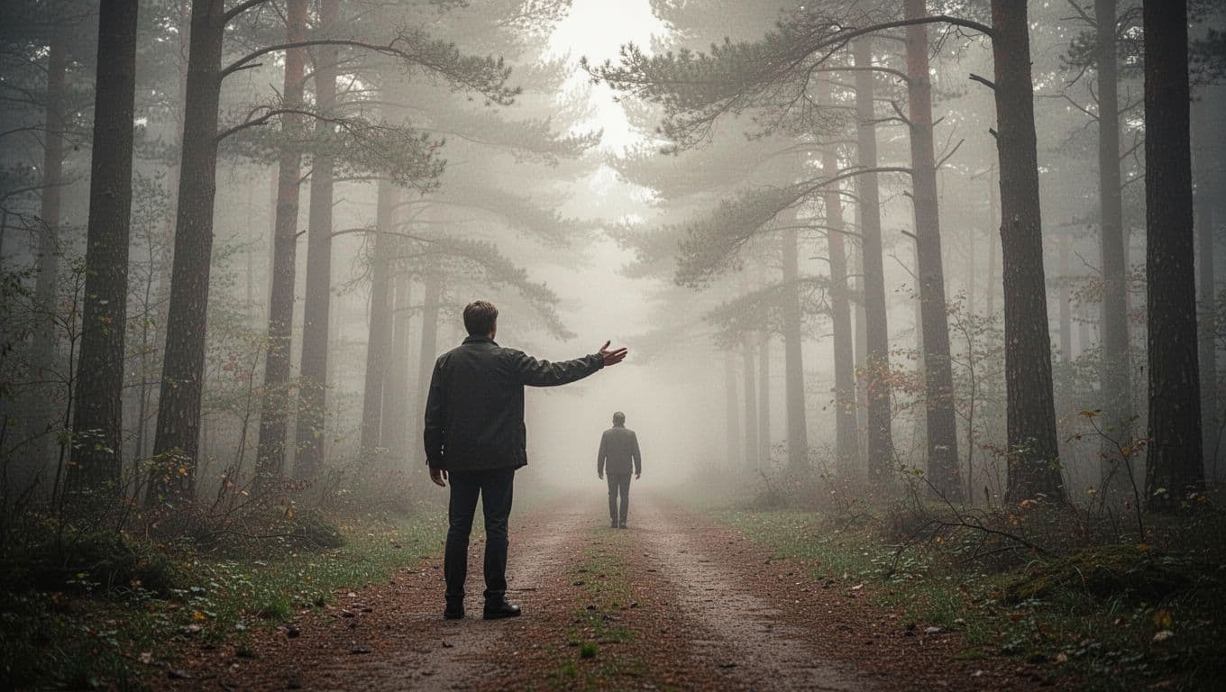 Solitary figure on a foggy forest path reaches out toward a distant figure walking away, evoking emotional tension of separation and longing in soft diffused lighting and muted colors.