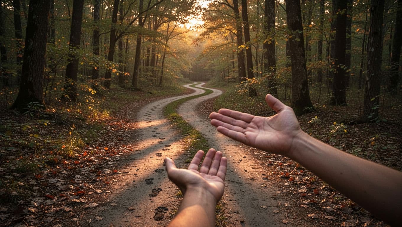 Forest path at dusk splits into curving trail with fading footsteps and straight path with relaxed open hand in golden light.