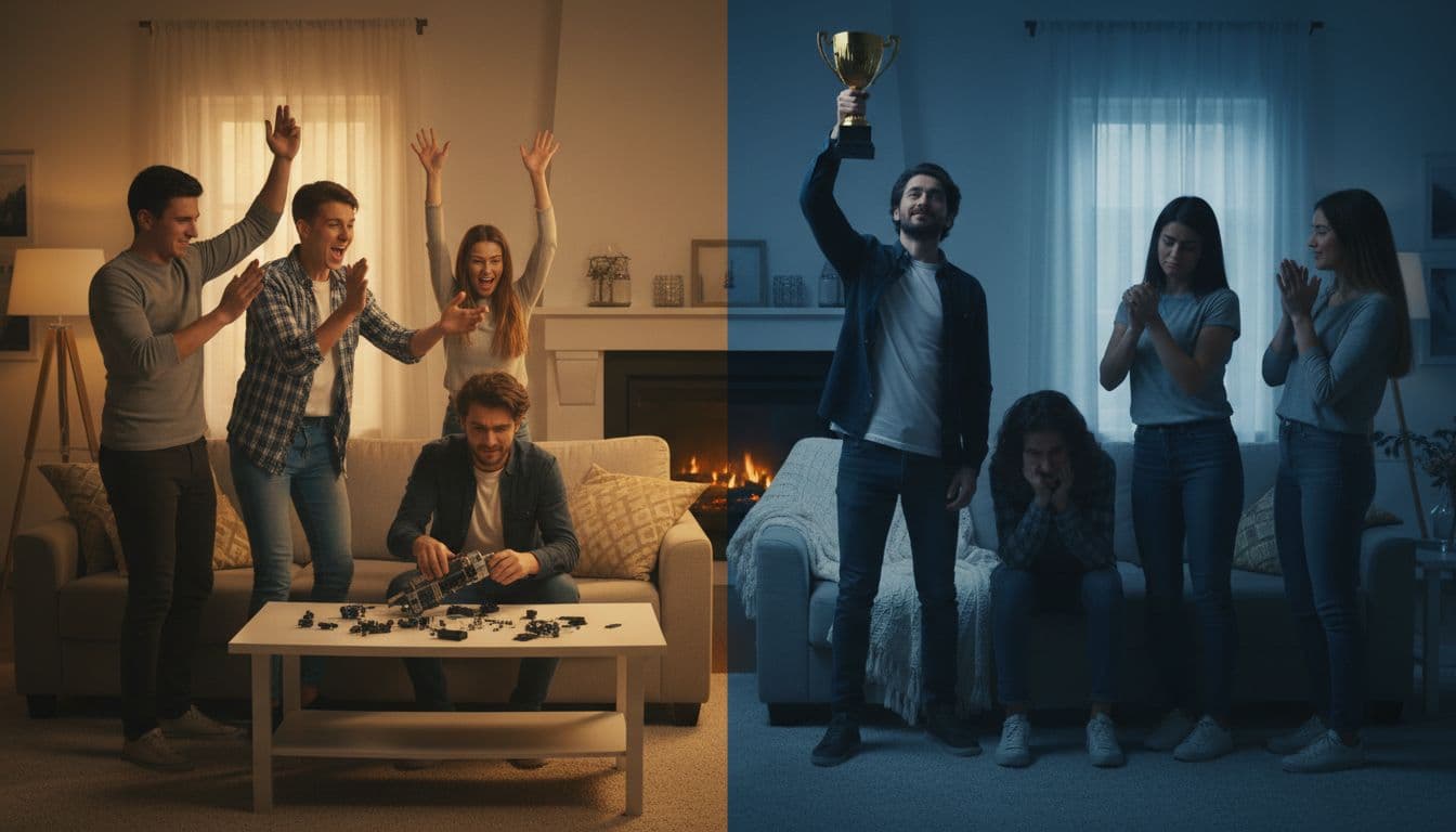 A group of five friends in a cozy living room cheers one person struggling toward a goal under warm lighting, then shifts to cooler tones as the same person triumphs with a trophy while friends look away enviously or awkwardly.