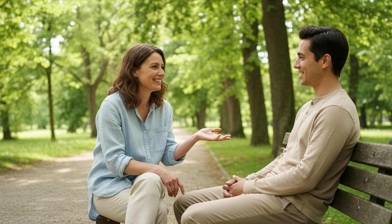 Two friends sit facing each other across a park bench, maintaining personal space with relaxed smiles; one gestures openly while the other listens attentively amid green trees and a path in daylight.