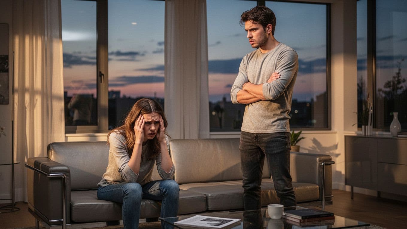 Woman on couch with head in hands looks frustrated as man stands nearby arms crossed tense in evening-lit living room.
