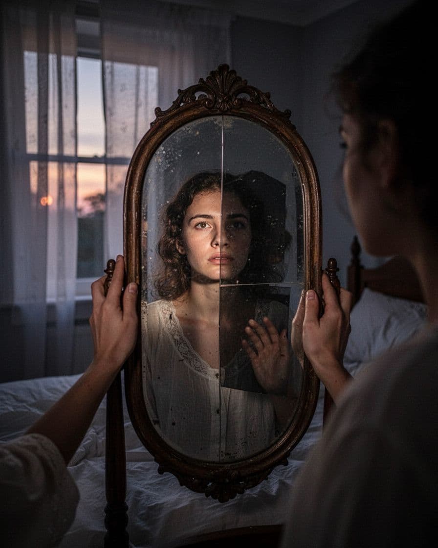 A person gazes into an antique mirror in a quiet bedroom at dusk, with the reflection showing a fragmented darker version evoking fear and resentment.