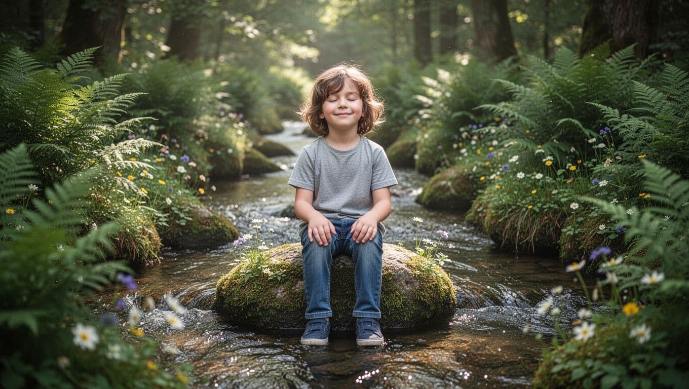 A gentle 8-year-old child with soft features sits calmly on a mossy rock beside a clear forest stream, eyes closed in quiet reflection amid lush green ferns, wildflowers, and dappled sunlight.