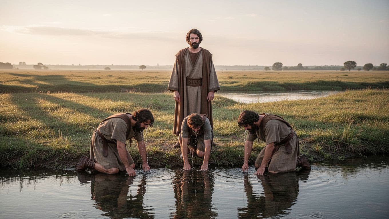 Faithful leader Gideon stands confidently by a calm river at dawn with exactly three loyal soldiers kneeling nearby drinking water carefully, vast open field behind, soft morning light, realistic biblical scene.