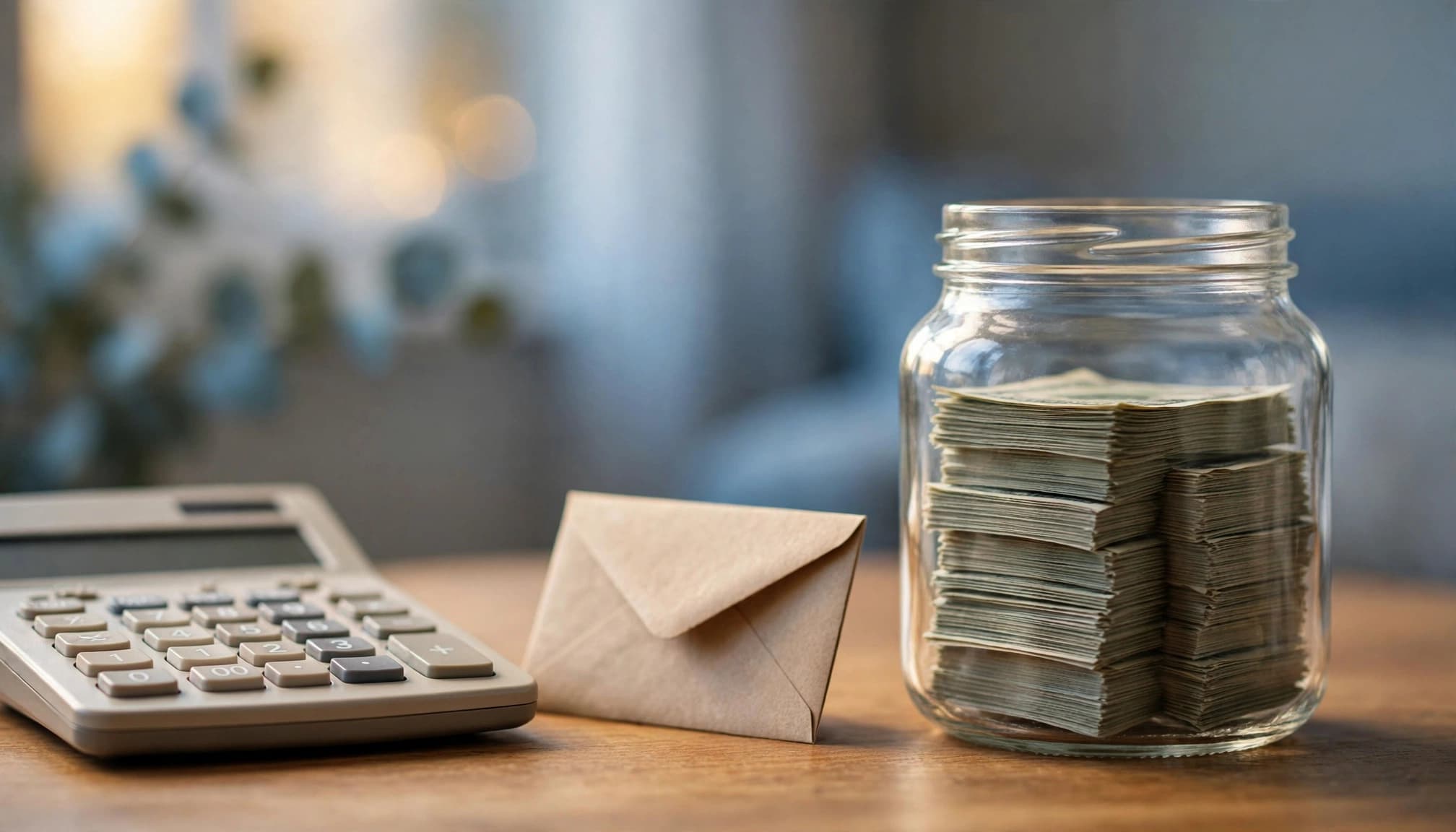 Open savings jar with dollar bills beside a calculator and emergency fund envelope.