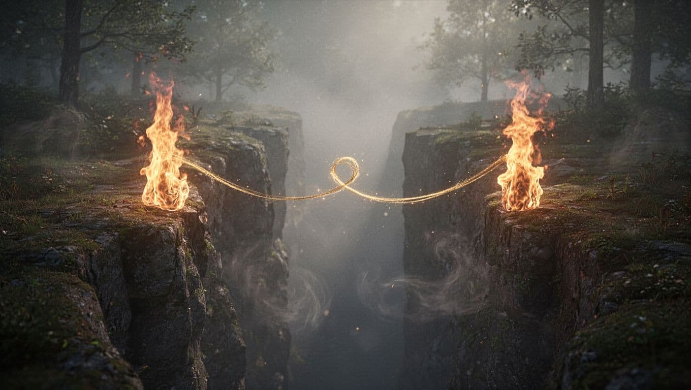Two glowing flames separated by a dark chasm in a misty landscape, connected by a thin golden thread.
