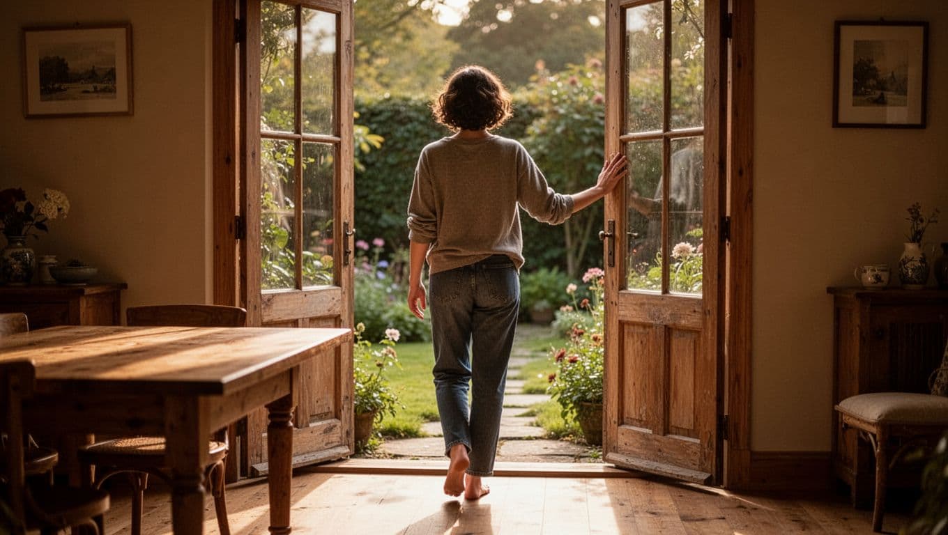 Person in casual clothes turns from wooden table toward open door to peaceful garden, hand on doorframe.