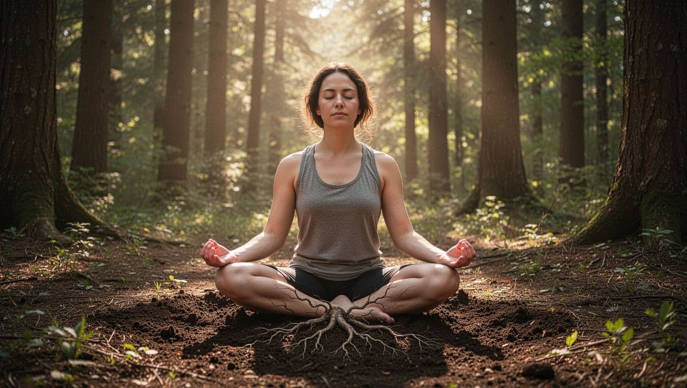 Person sits cross-legged on forest floor, eyes closed in meditation, roots growing from feet into soil.