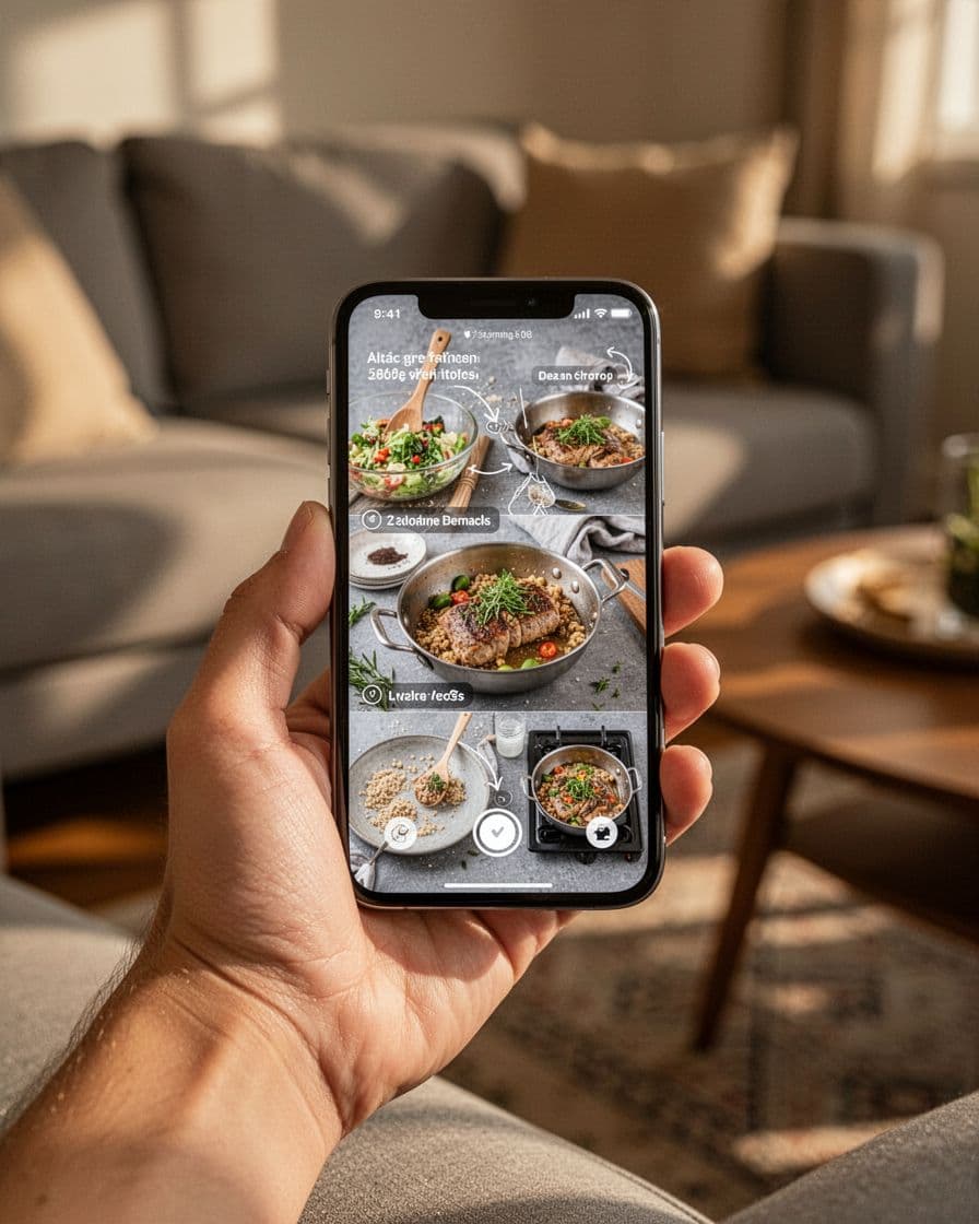 Relaxed hand holds vertical smartphone in living room, blurred screen shows cooking video with caption overlays.