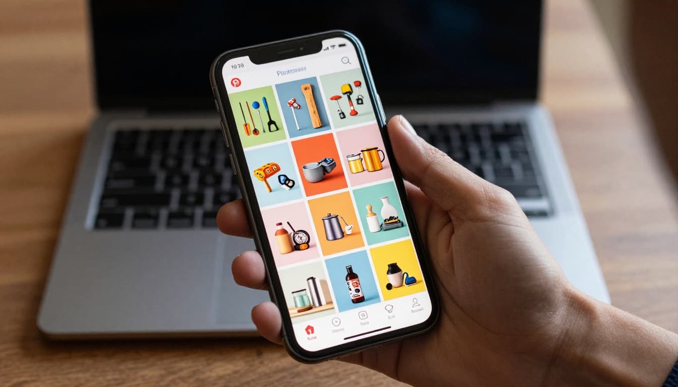 Hand holds smartphone displaying Pinterest feed of colorful product pins on desk with closed laptop behind.