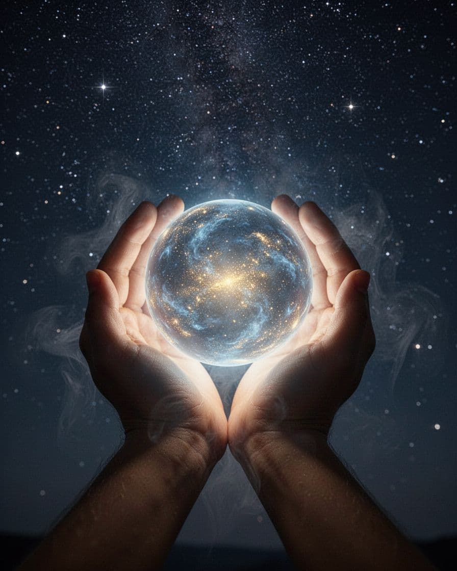 Hands gently holding a glowing orb of light against a starry night sky background, representing inner healing and awareness in ethereal blue and gold tones, realistic fantasy style.